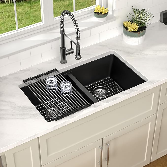 Dcolora 33 inch Quartz Matte Black Granite Composite Double Bowl Undermount Kitchen Sink Basin Deep 50/50 Split, DC-GU7761