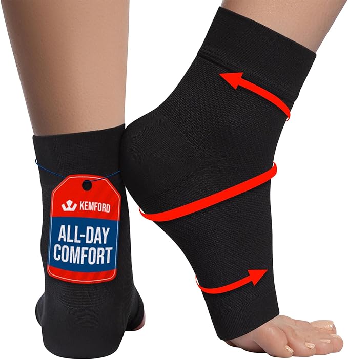 KEMFORD Ankle Compression Sleeve - Plantar Fasciitis Braces - Open Toe Compression Socks for Swelling, Sprain, Neuropathy, Foot Arch Support for Men and Women - 15-20mmhg, S, Black