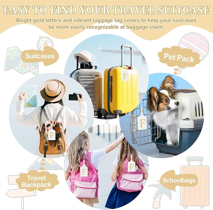 Personalized Initial Luggage Tags for Suitcase TSA Approved, White Leather Cute Luggage Tag with Privacy Cover Name Card, Embroidered Custom Luggage Tags Travel Baggage Tags Gifts for Women Kids(F)
