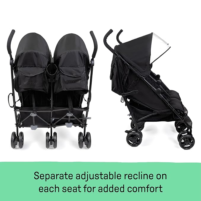 Summer Infant 3Dlite Folding Lightweight Side by Side Double Stroller with 5-Point Safety Harness for Infants and Toddlers, Black