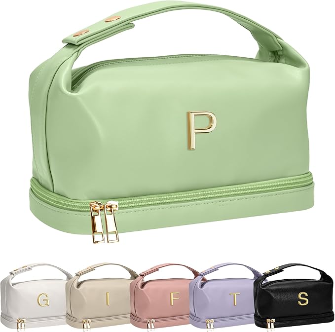 Unique Gifts for Women, Personalized Makeup Bag with Handle, Initial Double Layer Cosmetic Bag with Makeup Brush Organizer, Cute Cosmetic Pouch for Women, Customizable Tween Gift Ideas
