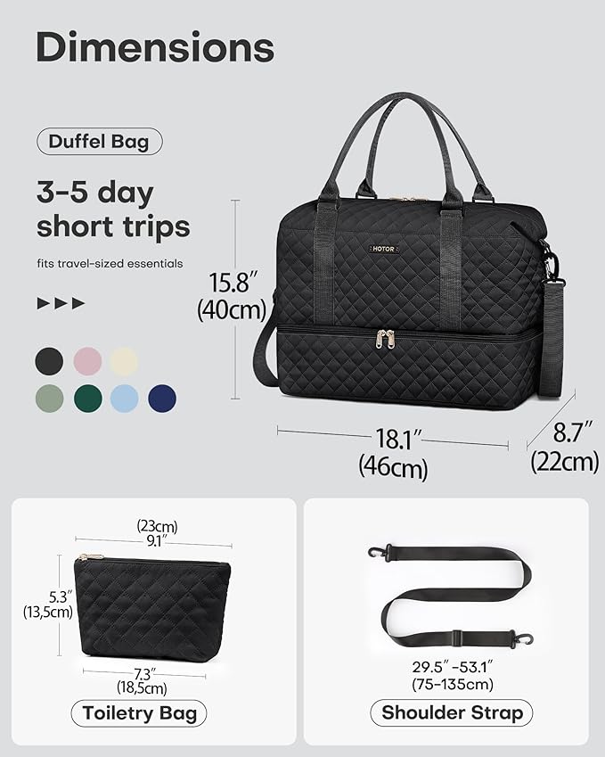 HOTOR Travel Duffel Bag - Weekender Bags for Women, Carry On Overnight Bag with Shoe Compartment, with Toiletry Bag for Travel Essentials and Travel Accessories, Black, 15.8"×18.1"×8.7"