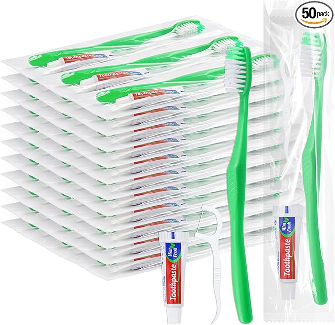 Disposable Toothbrushes with Toothpaste and Floss,50Pcs Green Single Use Individually Wrapped Disposable Travel Toothbrushes and Dental Floss Kit Bulk for Homeless,Airbnb,Hotel,Dentist