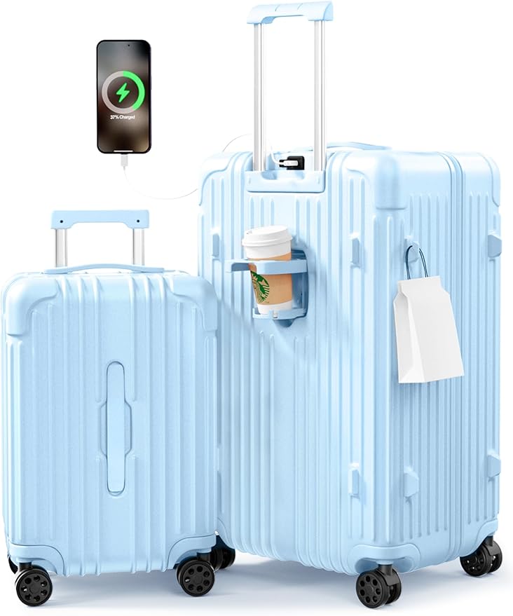 Krute Luggage Sets 2 Piece Suitcase with Spinner Wheels PC+ABS Hardside Suitcases Charging Port TSA Lock Carry On Luggage with Cup Holder 20+28 Inch