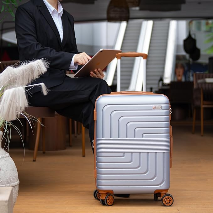 Romswi Expandable 24" Checked Luggage,Medium Hardshell Suitcase with Double Spinner Wheels for 20% More Space, Airline Approved Lightweight Hardside Luggage, Scratch-Resistant & YKK Zipper,Silver