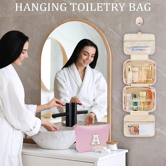 YOOLIFE Hanging Toiletry Bag for Women - Travel Toiletry Bag Makeup Bag, Portable Toiletries Cosmetic Bag, Airplane Travel Essentials - Letter T, Pink