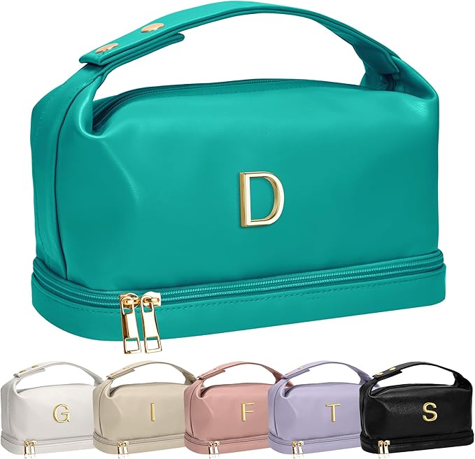 Letter Gifts for Women Birthday, Monogrammed Makeup Bag with Handle, Initial Double Layer Cosmetic Bag with Makeup Brush Organizer, Cute Cosmetic Pouch for Women, Gift for Friends Female Mom