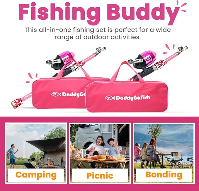 DaddyGoFish Kids Fishing Pole - Rod Reel Combo Tackle Box Starter Set - First Year Small Gear Kit for Boys Girls Toddler Youth Age Beginner Little Children