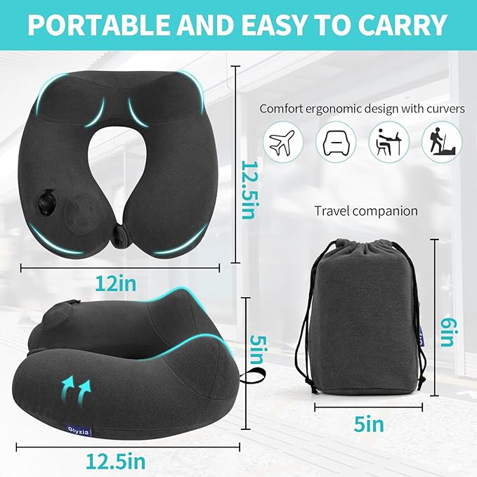 2 Pack Inflatable Travel Neck Pillows for Airplanes, Head Support Velvet Adult Neck Pillows for Long Flight, Kit with Eye Mask, Earplugs and Storage Bag, 2, Dark Gray