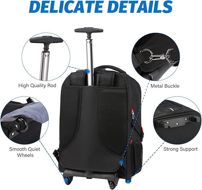 LOVEVOOK Rolling Laptop Backpack with Wheels, Waterproof Travel Carry On Business Backpack for Men, Fits 17 inch (17 inch, Black)