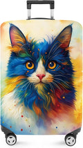 ANNA QUEEN Colorful Cat Luggage Cover, Artistic Blue Cat Design with Rainbow Colors, Stretchable, Washable Travel Sleeve for 24-26 Inch Suitcases