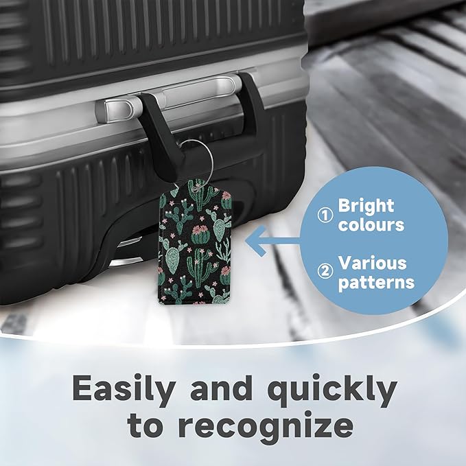 Abstract Cactus Plants Luggage Tag for Suitcase 2 Pcs Unique Leather Suitcase Tags with Full Privacy Cover Stainless Steel Loop for Women Men Travel Baggage Bag Backpack