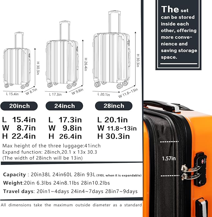Coolife Luggage Expandable(only 28") Suitcase PC+ABS Spinner 20in 24in 28in Carry on (white grid new, L(28in))