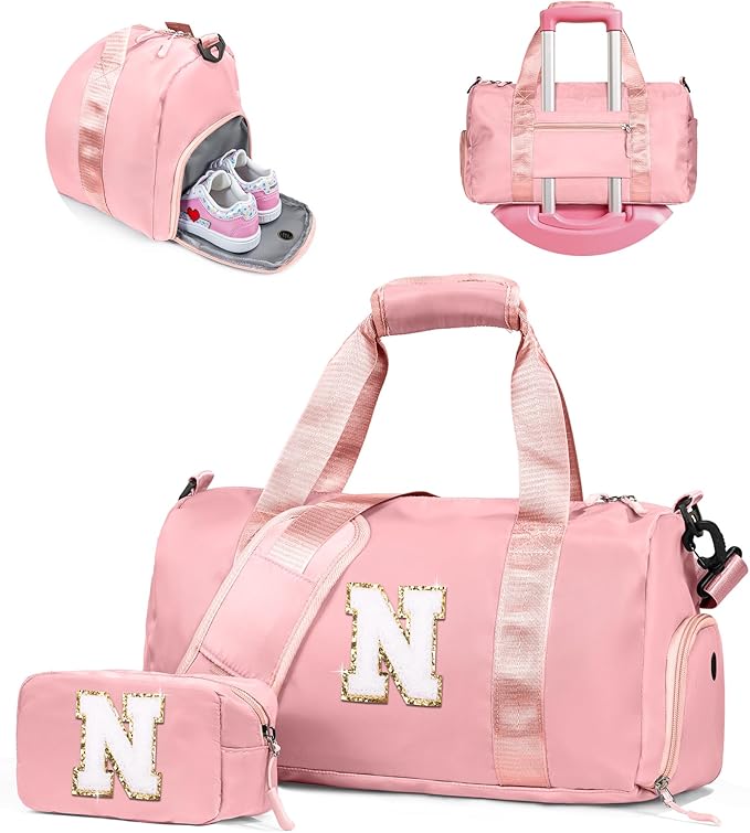 Gift Ideas for Kids Girls-Girl Gym Bag with Shoe Compartment, Kid Personalized Weekender Overnight Bags, Initial Travel Tote with Makeup Pouch, Graduation Gifts Granddaughter (Letter N)