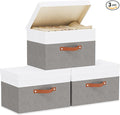 Fabric Storage Boxes with Lids, Linen Foldable Cloth Baskets, 17.7 x 11.8 x 11.8 Inch Closet Organizer Containers with Double Handles, Sweater Bins for Bedroom, White and Grey, 3 Pack