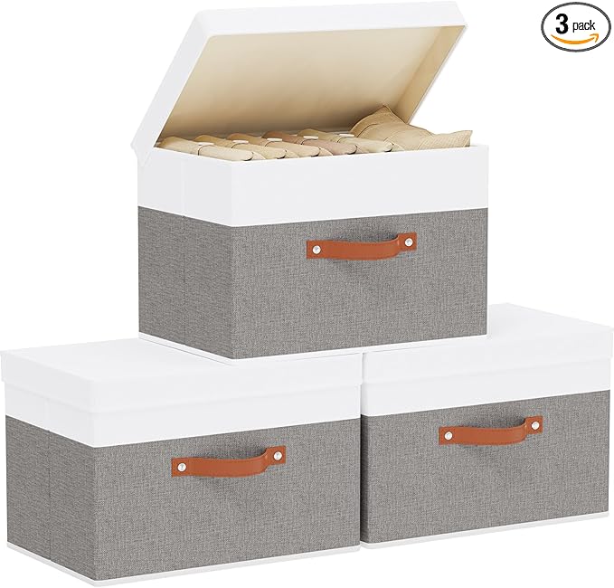 Fabric Storage Boxes with Lids, Linen Foldable Cloth Baskets, 17.7 x 11.8 x 11.8 Inch Closet Organizer Containers with Double Handles, Sweater Bins for Bedroom, White and Grey, 3 Pack