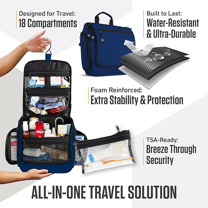 VENTURE 4TH Hanging Travel Toiletry Bag for Women & Men - Travel Organizer with Expandable Compartments & Removable Clear Pouch for Toiletries (Navy Blue)