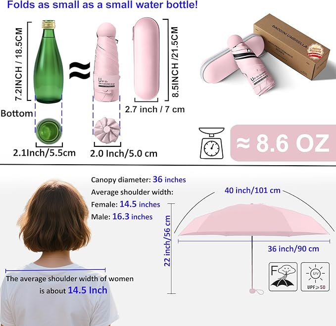 BAODINI Travel Mini Umbrella for Purse With Case Small Compact UV Sun Protection Sun Lightweight Tiny Pocket Umbrella for Women Kids and Men