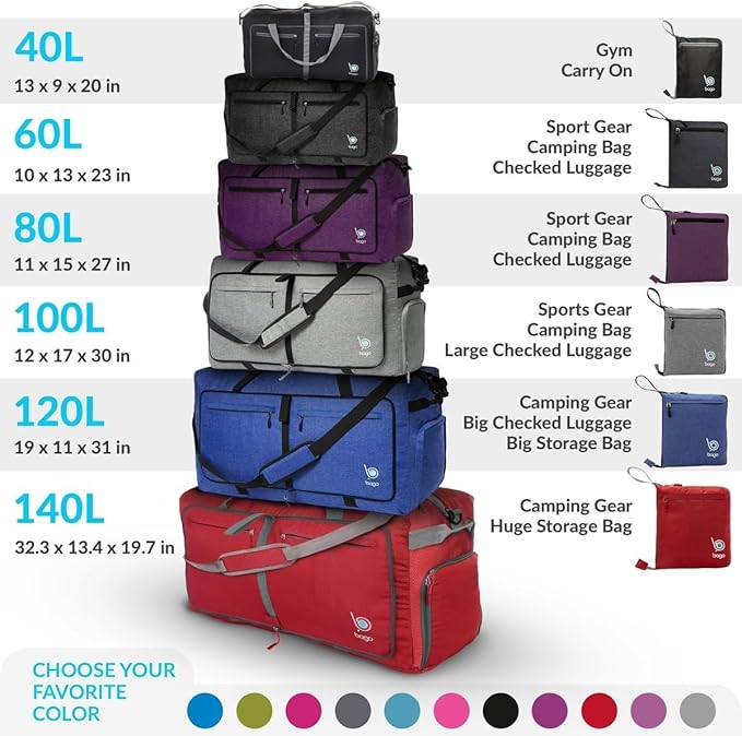 Bago Foldable Duffel Bags for Traveling Women & Men - 60L Medium Packable Duffle Bag for Travel with Shoe Compartment - Water Repellant, Heavy Duty, Lightweight Folding & Collapsible (SnowGray)
