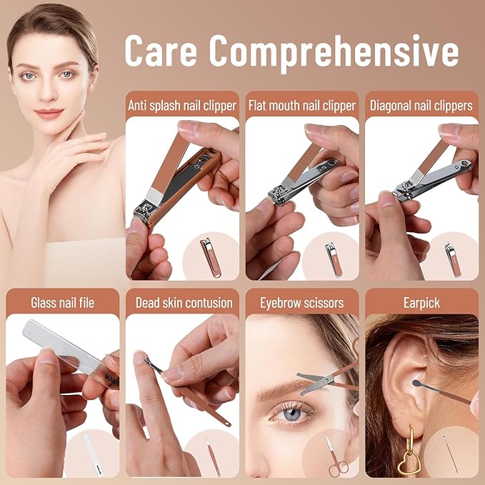 Nail Clippers and Beauty Tool Portable Set, Cuticle Nail Care Tools, 7pcs Stainless Steel Grooming Kit, Suitable for Home, Workplace, Outdoor Travel, Gift Giving, Salon., Beige+Brown