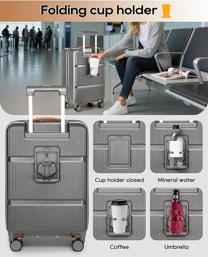 Joyway Carry on Luggage Airline Approved with Front Pocket, Hard Shell 20 Inch Travel Luggages with Cup Holder, Carry-on Suitcase with Spinner Wheels for Men and Women (Grey, 20 Inch)