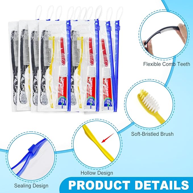Personal Hygiene Kit Bulk Pack of 30,Yellow Disposable Toothbrushes with Toothpaste Floss Comb Cover and Hotel Vanity Set Basic Travel Toiletry Kit Supplies for Homeless,Charity,Guests