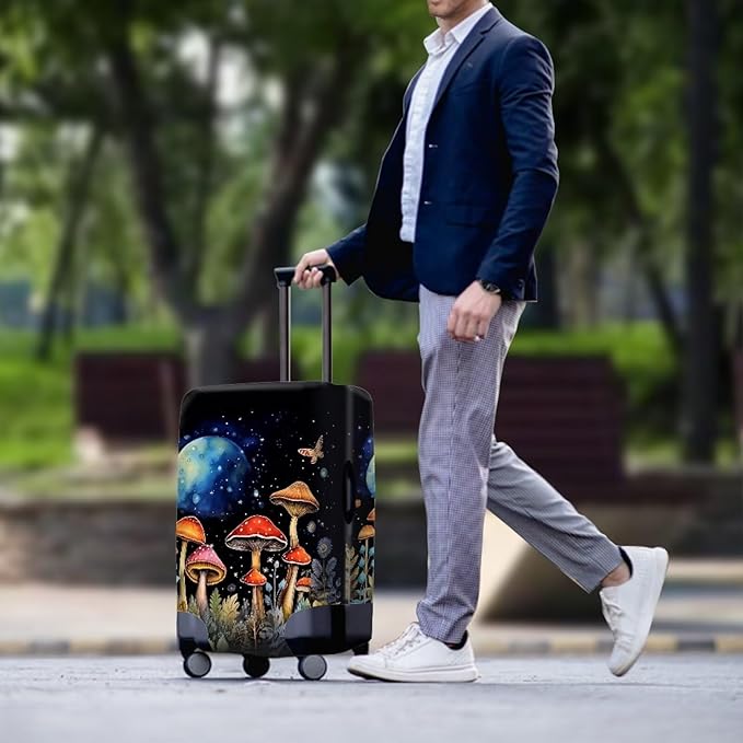 Butterfly Mushroom Print Travel Suitcase Cover Protector Elastic Zipper Closure Fit 18-21 Inch Luggage