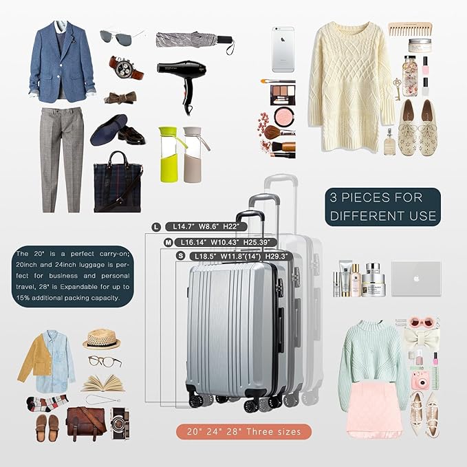 Coolife Luggage Suitcase PC+ABS with TSA Lock Spinner Carry on Hardshell Lightweight 20in 24in 28in(white, M(24IN))
