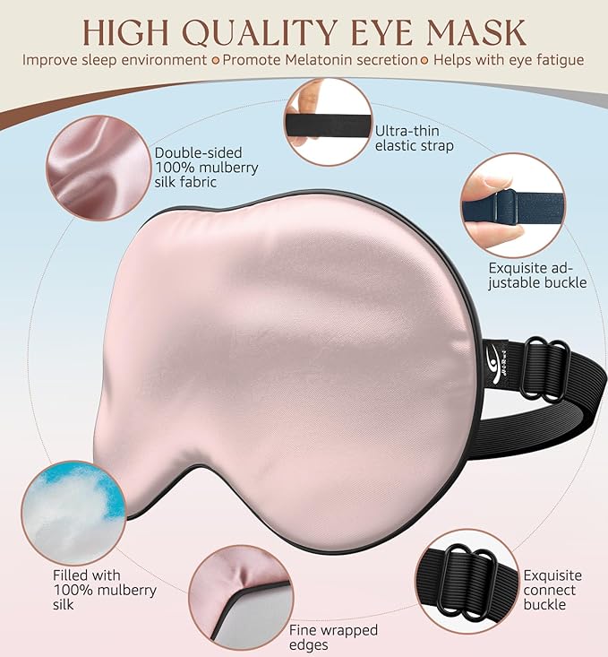 HiRui Silk Sleep Mask, 100% Natural Mulberry Silk of Double-Sided & Inner-Filling, Ultra-Smooth Soft, Adjustable Strap, Blocks Light for Night Sleeping, Travel, Office Naps (Pink)