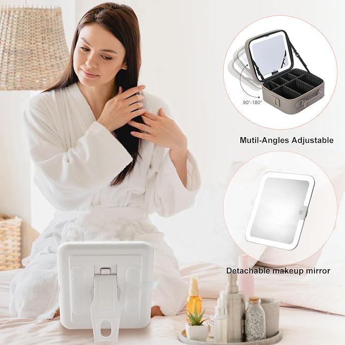 Mocado Travel Makeup Bag with LED Lighted Mirror,Travel Makeup Organizer,Makeup Case with 3 Color Lighted Setting and 10x Magnifying Mirror,Portable Storage and Adjustable Dividers Makeup Box(Grey)