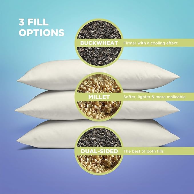 Bean Products 14" x 20" Japanese Bed Pillow for Sleeping – Organic Millet Fill with Organic Cotton Fabric, Soft Head Pillow – Eco-Friendly, Breathable, and Durable Sleep Aid, Made in The USA