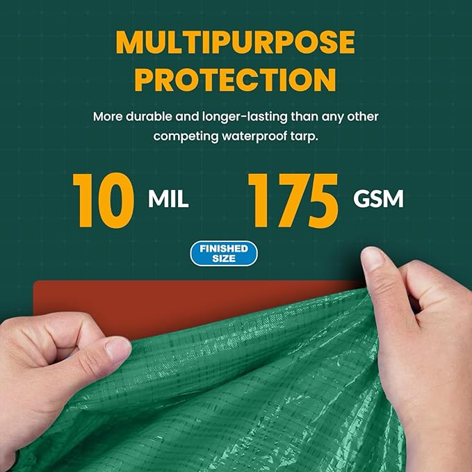 Large Waterproof Tarp - Heavy Duty 10 Mil Thick Poly Tarpaulin Ideal for Canopy Tents, Boats, RV or Pool Covers - Multipurpose Protective Tarps with Grommets for Indoor, Outdoor Use | 10' x 12' 2 Pack