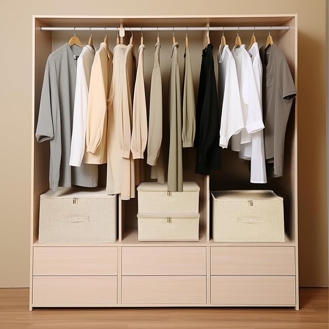 ANMINY Storage Bins with Zipper Lids 36 Qt Lidded Fabric Storage Boxes Baskets Cubes with Handles Collapsible Washable Cotton Linen Closet Shelf Clothes Organizer Containers - Beige, Large