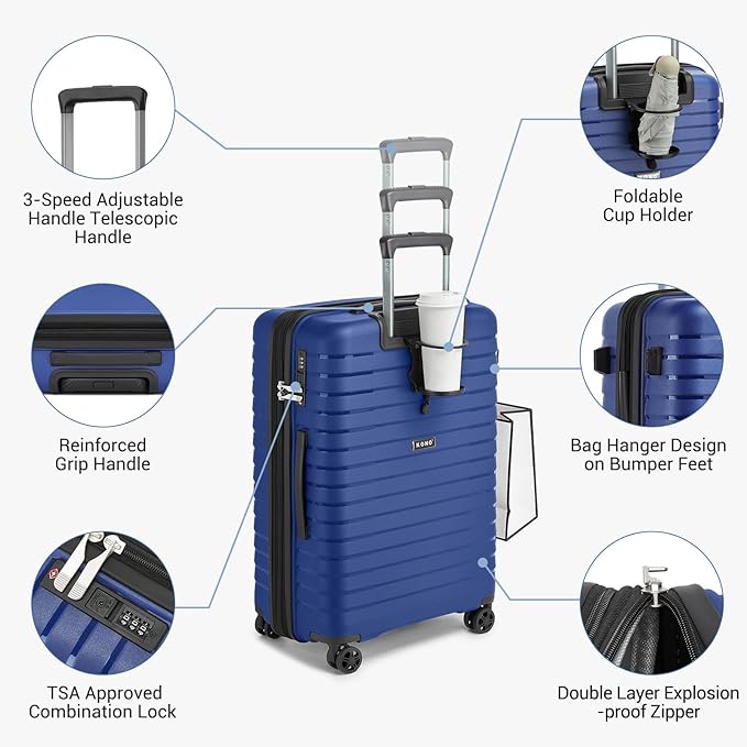 Kono 20 Inch Expandable Carry On Luggage with Spinner Wheels, Durable Hardside Luggage with Hidden Cup Holder, Lightweight Hard Shell Carry On Suitcase Airline Approved with TSA Lock(Navy Blue)