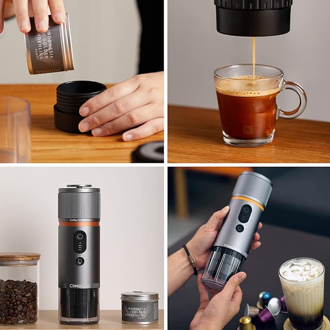 CONQUECO Portable Espresso Coffee Machine: 12V Electric Small Travel Expresso Maker - Self Heating 8 Cups Battery Powered Compatible for Nespresso Capsule - for Camping RV Hiking Office (Brown)