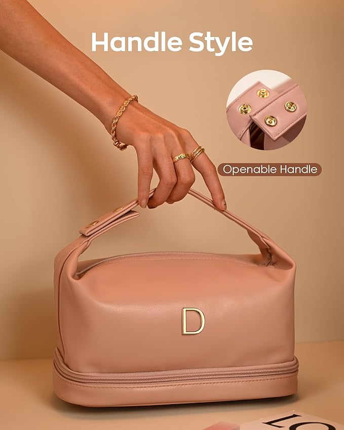 Birthday Gifts for Women, Personalized Makeup Bag with Handle, Initial Double Layer Cosmetic Bag with Makeup Brush Organizer, PU Leather Travel Toiletry Bag, Gifts for Friends Female Mom