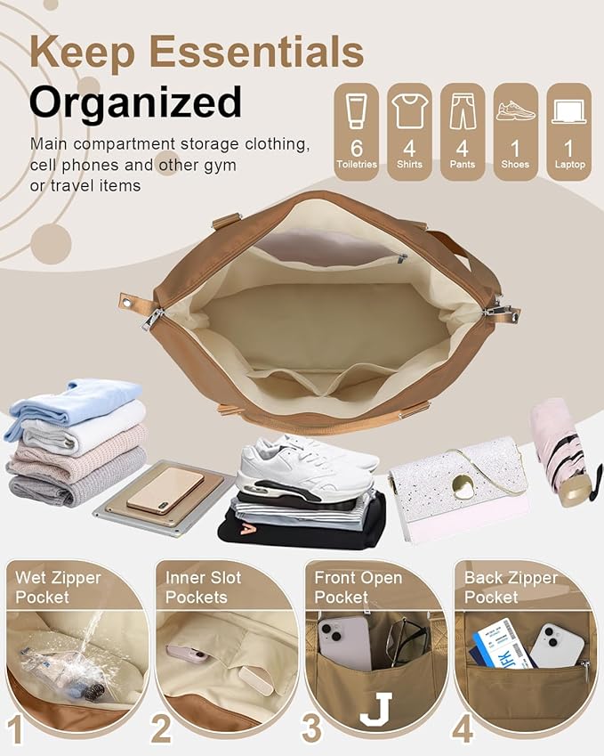 Birthday Graduation Gifts for Daughter,Initial Travel Duffel Bag Sports Gym Bag for Girls Teen Kids Birthday Gifts,Personalized Weekender Bag Carry On Tote Bags Cute Overnight Bag for Women(Brown, J)