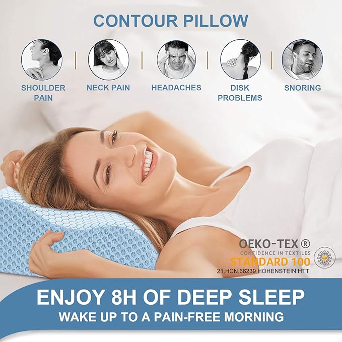 Anvo Memory Foam Pillow, Neck Contour Cervical Orthopedic Bed Pillow for Sleeping Side Back Stomach Sleeper, Ergonomic Design for Neck and Shoulder Pain Relief, Blue White, Firm