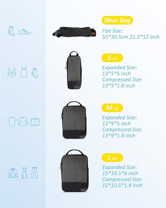 BAGSMART 6 Set Compression Packing Cubes - Lightweight Travel Essentials, Durable Luggage Organizer