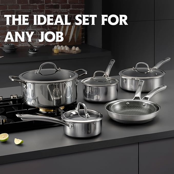 Pots and Pans Set Non Stick, 10 Pcs Hybrid Stainless Steel Cookware Sets, Non Stick Frying Pans, Saucepans, Saute Pan & Stock Pot, PFOA Free Kitchen Skillet,Induction Compatible
