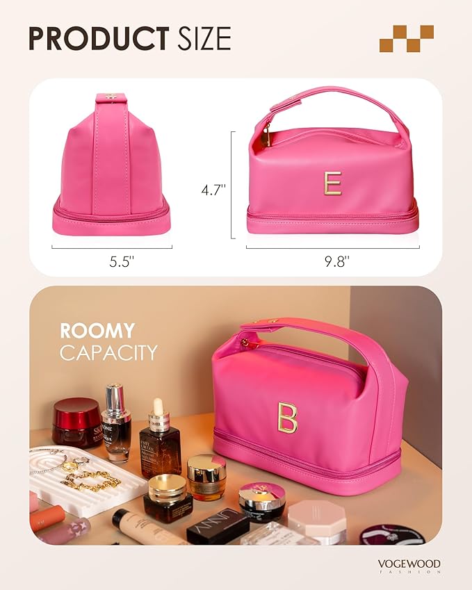 Appreciation Gifts for Women, Personalized Makeup Bag with Handle, Initial Double Layer Cosmetic Bag with Makeup Brush Organizer, Cute Cosmetic Pouch for Women, Maid Of Honor Gifts