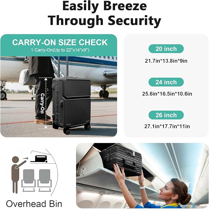 Hard Shell Luggage 24 Inch Travel Luggage, Carry-On Luggage Spinner TSA with Lid, ABS Aluminum Frame，Lightweight Travel Luggage 20'' 24'' 26''Carry-On (upgraded black, 24 inch)