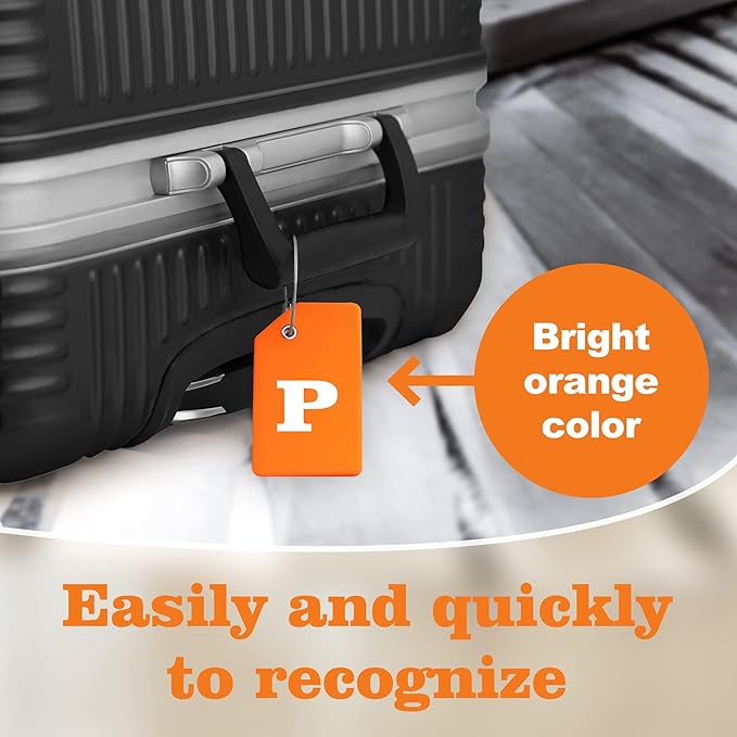 8 Pcs Luggage Tags for Suitcases, 26 Initial Letter Travel Luggage Baggage Identification Labels ID Tags Fully Bendable Tags with Stainless Steel Loop (Letter P, Orange)