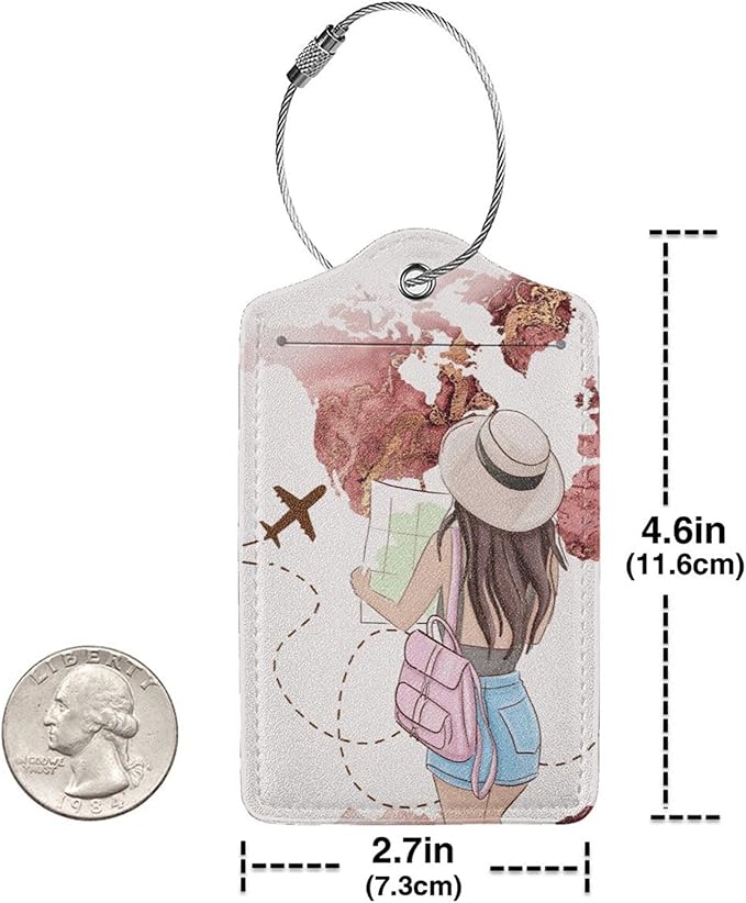 2 Pack Luggage Tags for Suitcase,Travel Girl PU Leather Travel Luggage Tag with Privacy Flap, Name ID Label and Metal Loop for Women Men Suitcase Baggage Bag Backpack