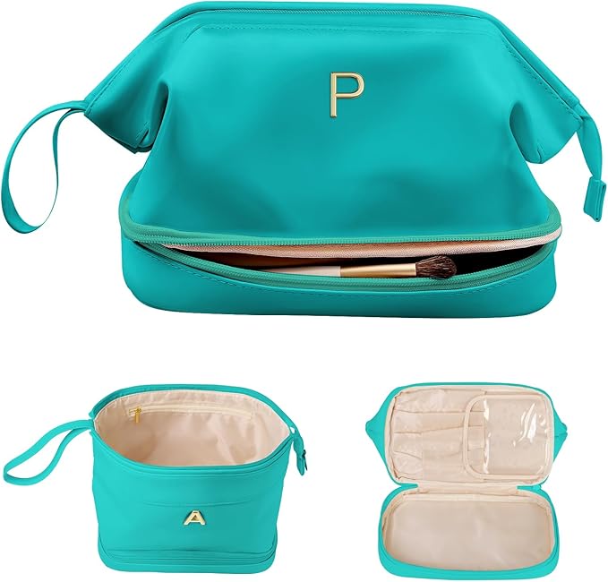 Gifts for Females, Birthday Gift for Her, Makeup Bags, Waterproof Double Layer Cosmetic Bag, Large Capacity PU Leather Makeup Bags Letter Travel Toiletry Bag, Initial Gifts for Coworkers