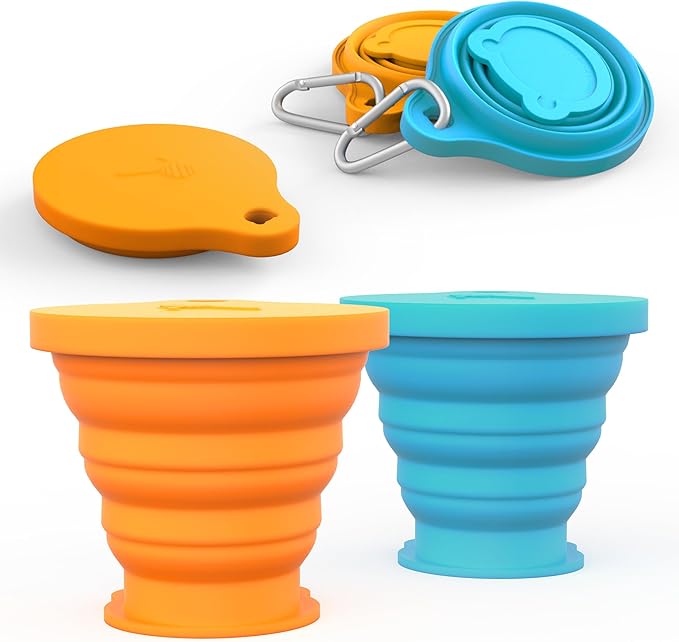 IYYI Collapsible Cup for Traveling, Silicone Foldable Cup, Camping Mug with Lid, Folding Mug for Camping, Hiking, Outdoors, Travel (2 Pack-Blue-Orange)