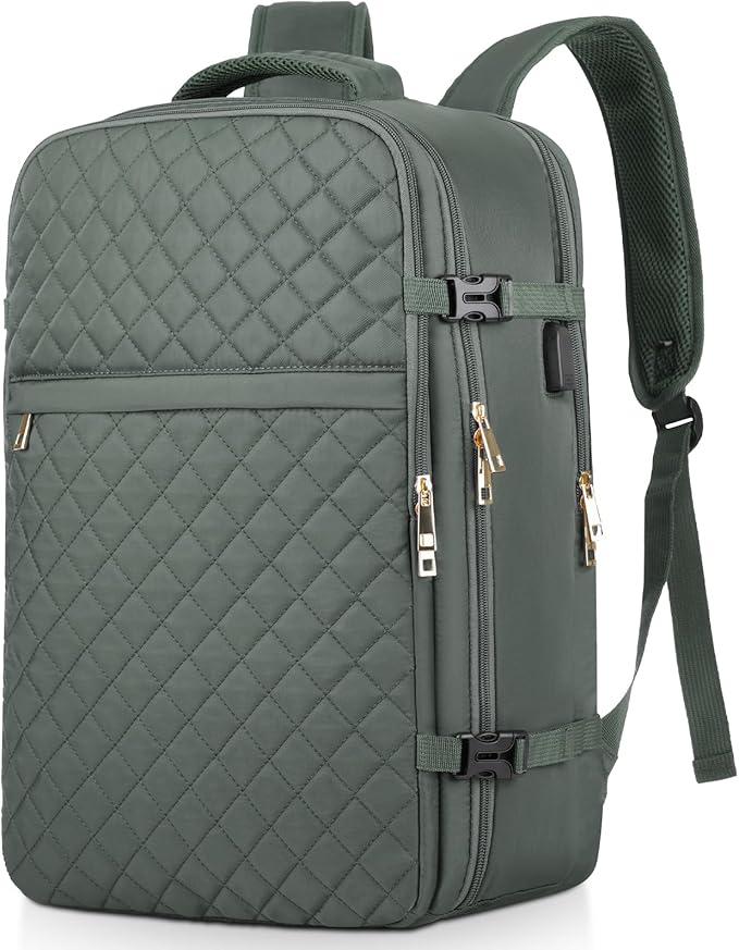 MOMUVO Large Travel Backpack Women, Flight Approved Carry On Backpack, Water Resistant Anti-Theft Large Casual Daypack Fit 17 Inch Laptop with USB Charging Port, Olive Green