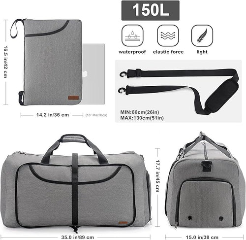 150L Duffle Bag for Travel, Extra Large Foldable Waterproof Travel Duffel Bags Weekender Overnight Bag for Men and Women with Shoe Compartment (Gray)