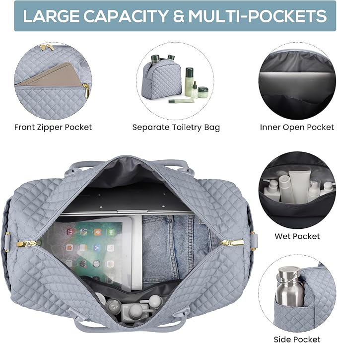 Travel Bag Weekender Bags for Women - Carry on Overnight Bag with Shoe Compartment Duffle Bag with Laptop Pocket Hospital Bag Grey