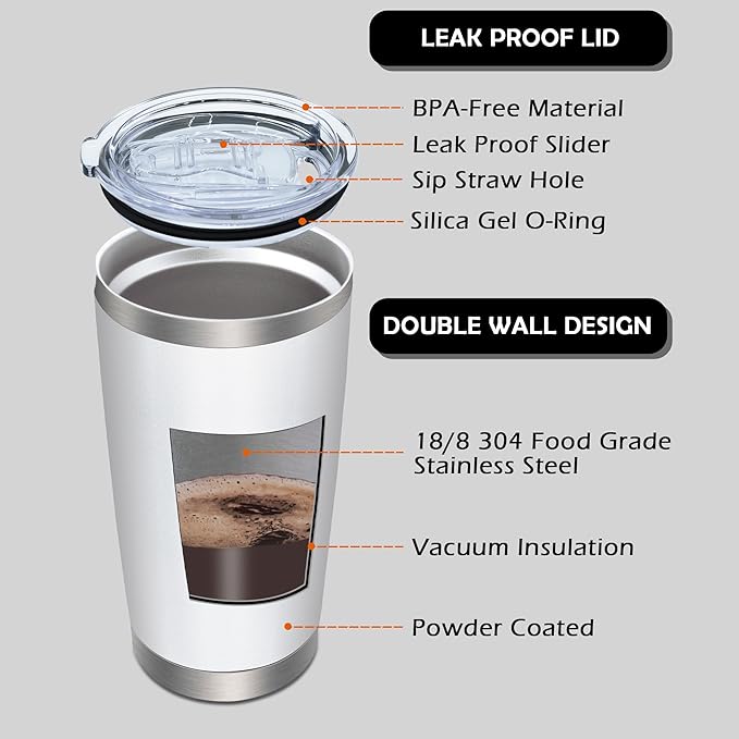 20oz Tumbler Bulk Stainless Steel Tumblers with Lid Vacuum Insulated Double Wall Travel Coffee Mug Powder Coated Tumbler Cup for Hot and Cold Drinks(White, 1 pack)